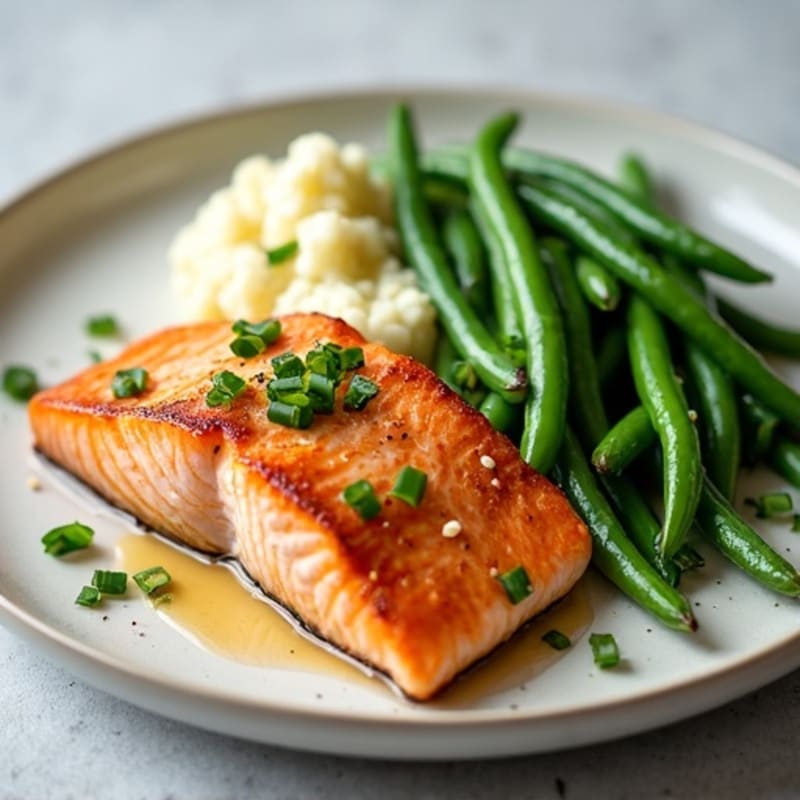 Seared Salmon Fillet with Garlic Green Beans and Cauliflower Mash