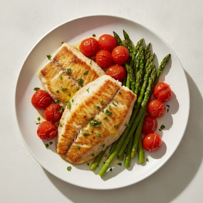 Seared Tilapia with Roasted Asparagus and Cherry Tomatoes