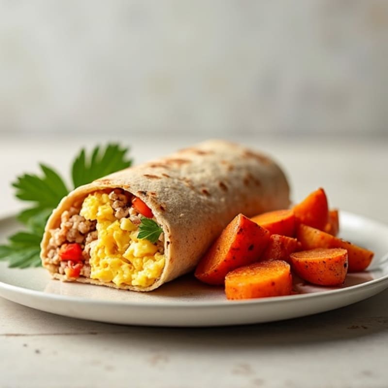 Lean Turkey and Egg Breakfast Burrito with Crispy Sweet Potatoes
