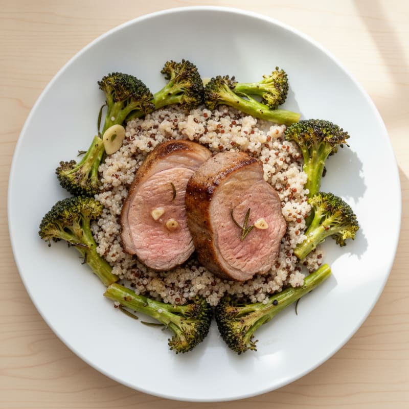 Seared Lamb Loin with Roasted Broccoli and Quinoa