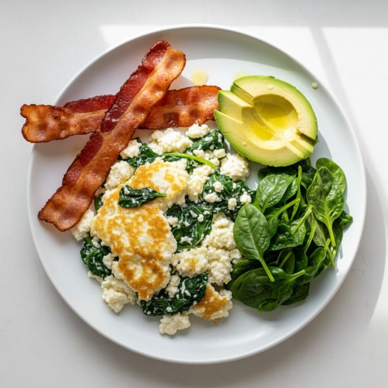 Egg White and Cottage Cheese Scramble with Turkey Bacon and Sautéed Spinach