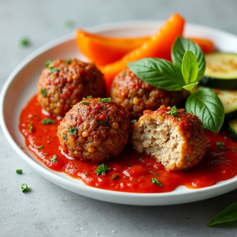 Hearty Lentil Meatballs with Fresh Marinara and Roasted Vegetables