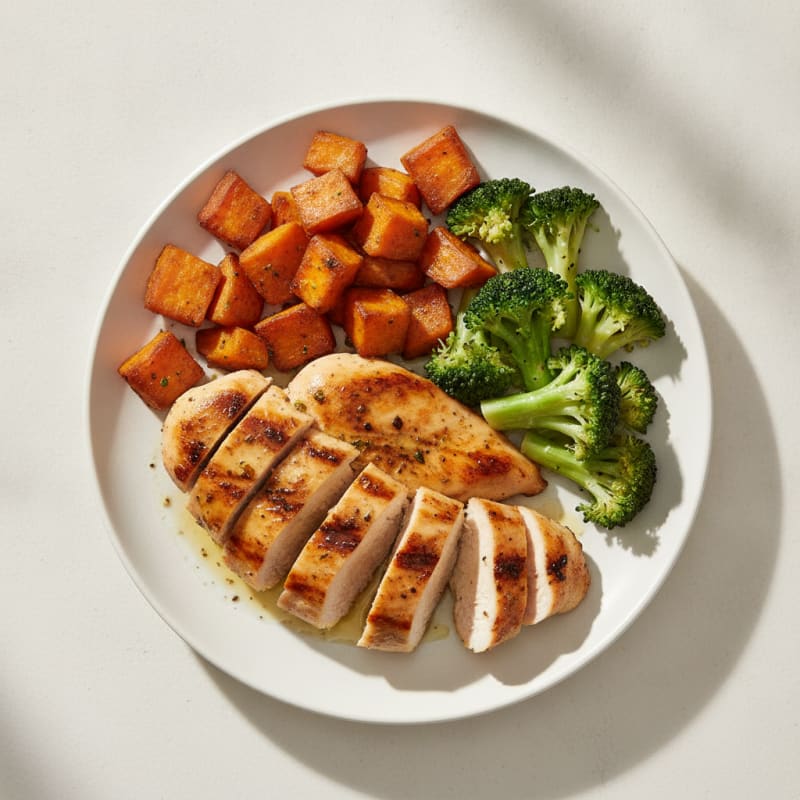 Grilled Chicken Breast with Roasted Sweet Potato and Steamed Broccoli