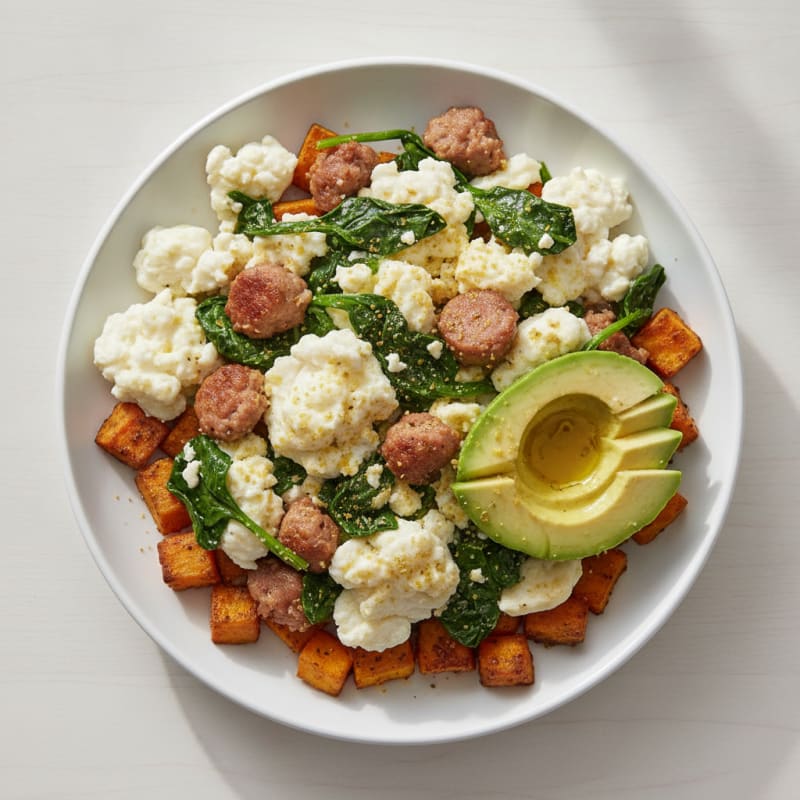 Egg White and Turkey Sausage Scramble with Sautéed Spinach