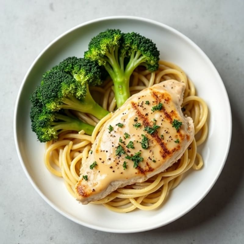 Healthy Creamy Chicken Alfredo with Roasted Broccoli