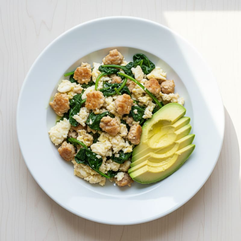 Egg White and Turkey Sausage Scramble with Sautéed Spinach