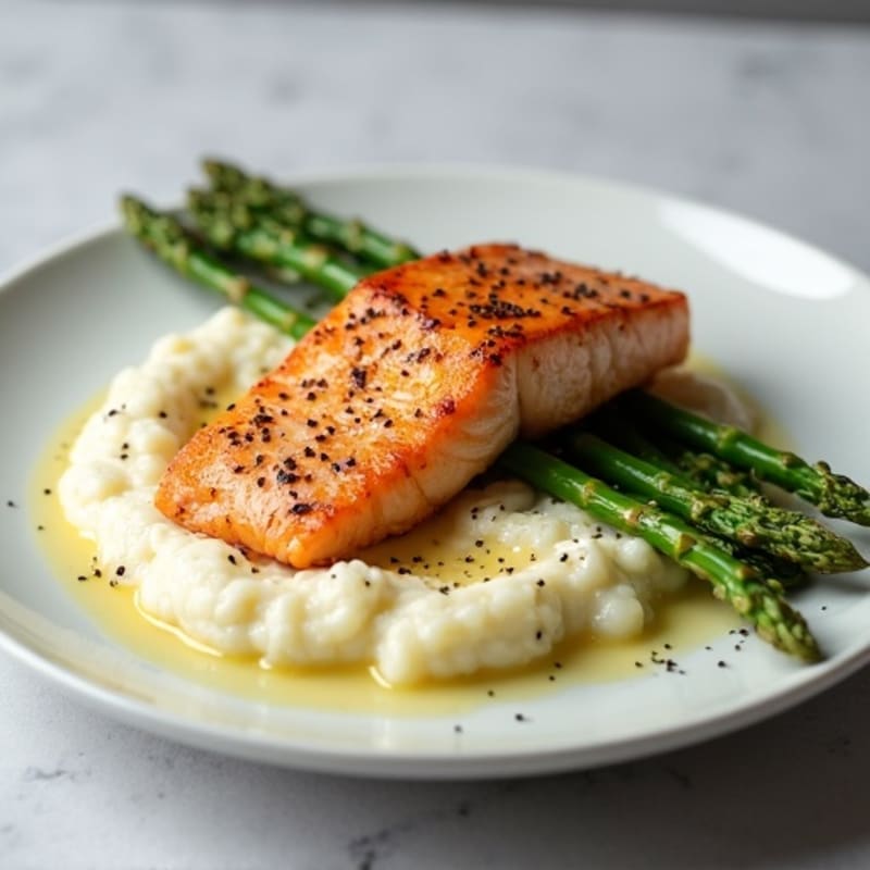 Seared Salmon with Steamed Asparagus and Cauliflower Mash