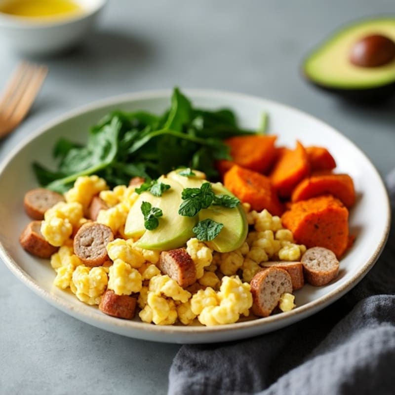 Egg White and Turkey Sausage Scramble with Roasted Sweet Potatoes