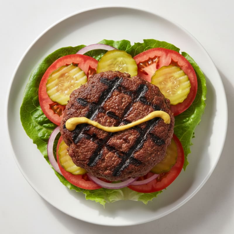 Grilled Lean Beef Burger Patty with Lettuce, Tomato, and Pickles