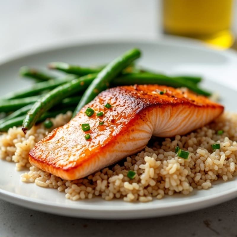 Seared Salmon with Steamed Green Beans and Brown Rice