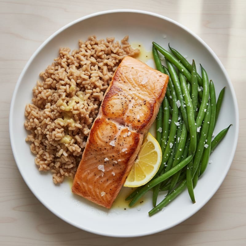 Seared Salmon with Steamed Green Beans and Brown Rice