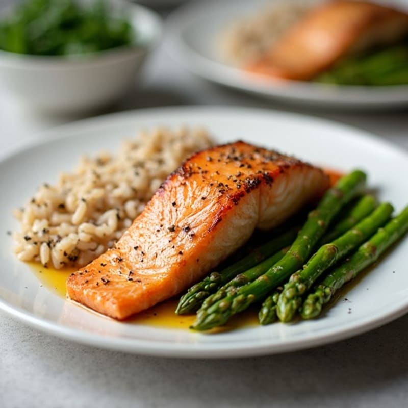 Seared Salmon with Steamed Asparagus and Brown Rice