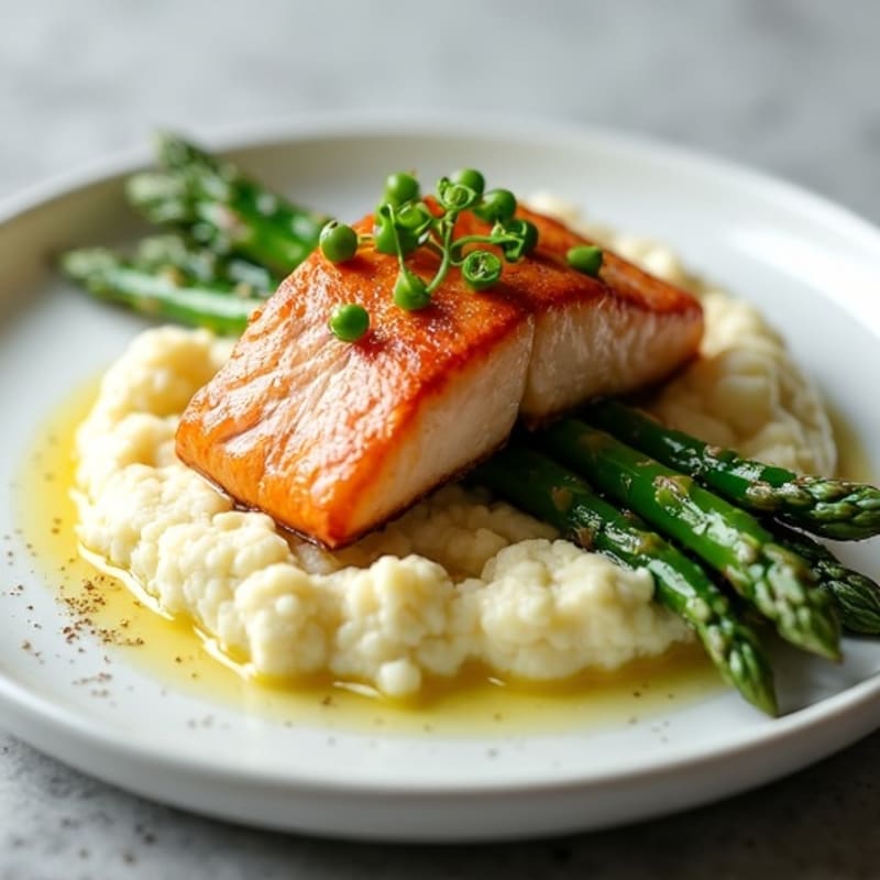 Seared Salmon with Steamed Asparagus and Garlic Mashed Cauliflower
