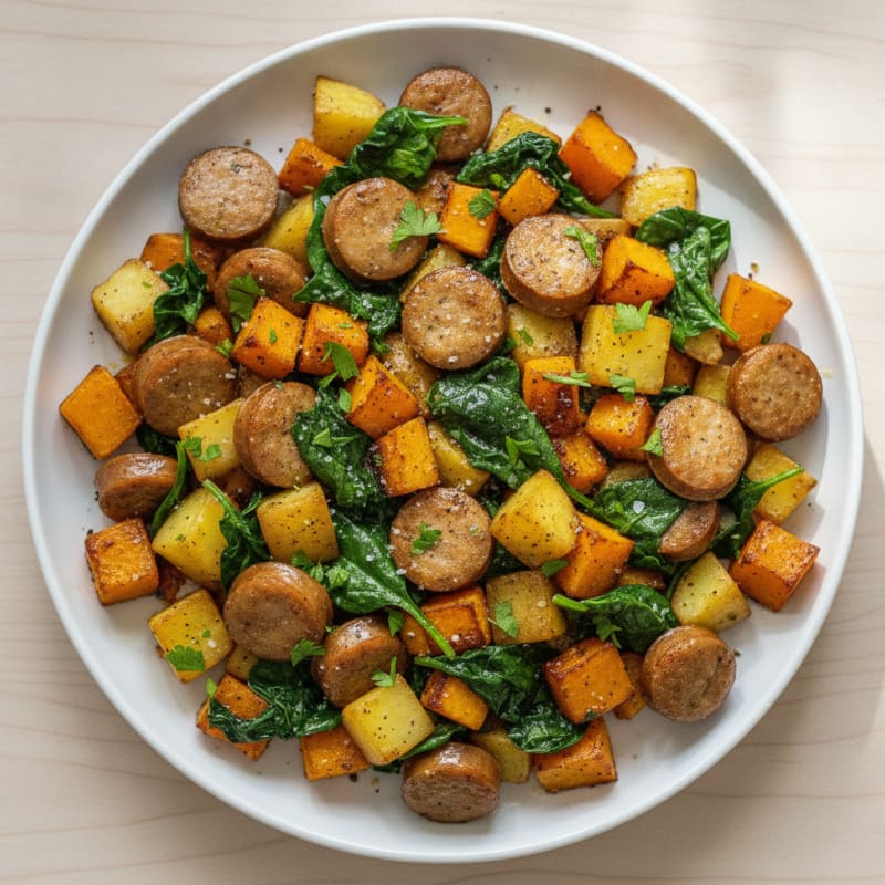 Honeynut Squash and Sausage Hash with Spinach