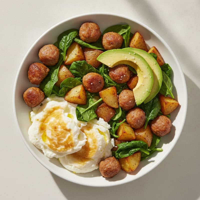 Crispy Egg White and Turkey Sausage Breakfast Bowl with Spinach