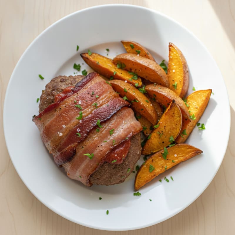 Bacon-Wrapped Ground Beef Mini-Loaf with Roasted Sweet Potato