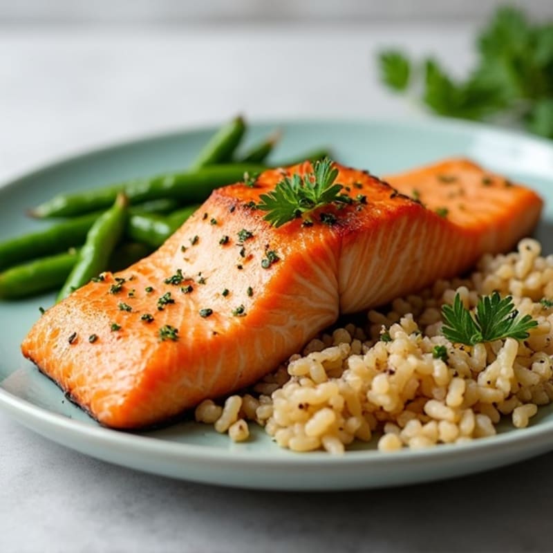 Seared Salmon with Garlic Green Beans and Brown Rice