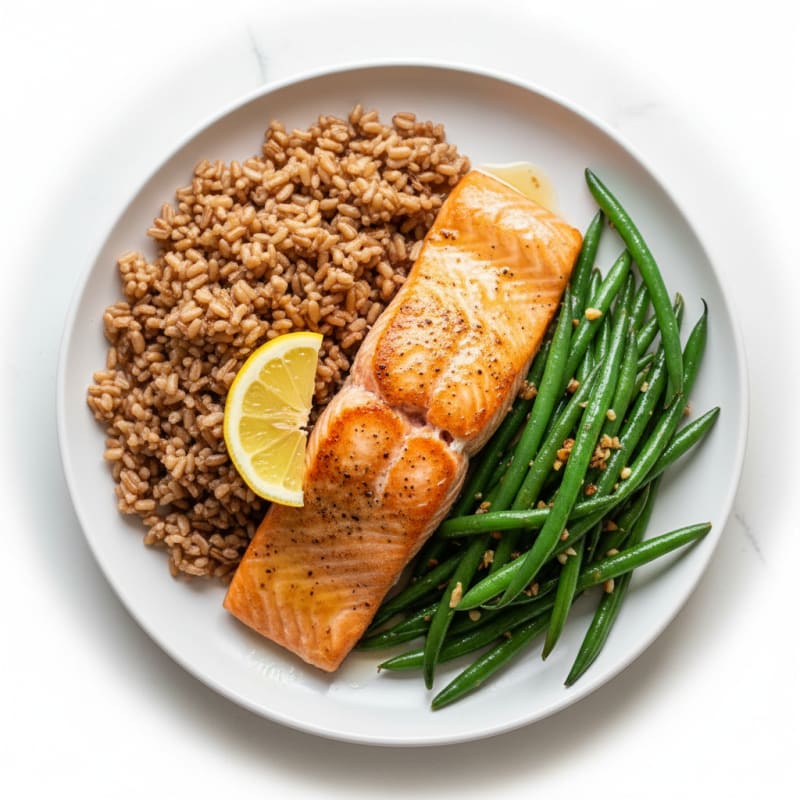Seared Salmon with Garlic Green Beans and Brown Rice