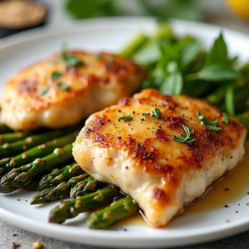 Crispy Pan-Seared Lemon Herb Chicken Thighs with Roasted Asparagus