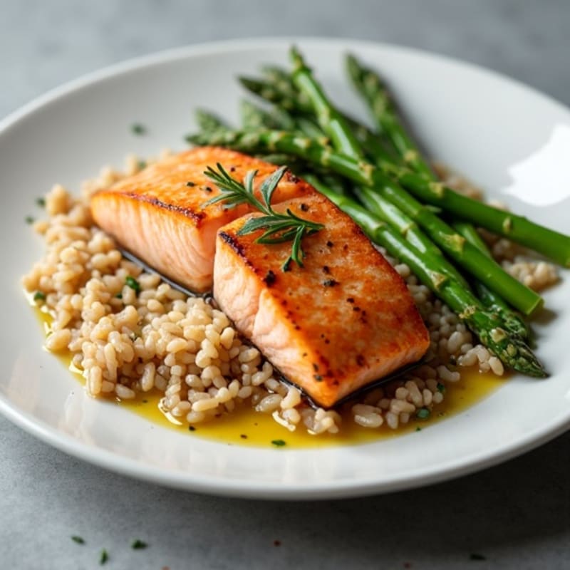 Seared Salmon Fillet with Steamed Asparagus and Brown Rice