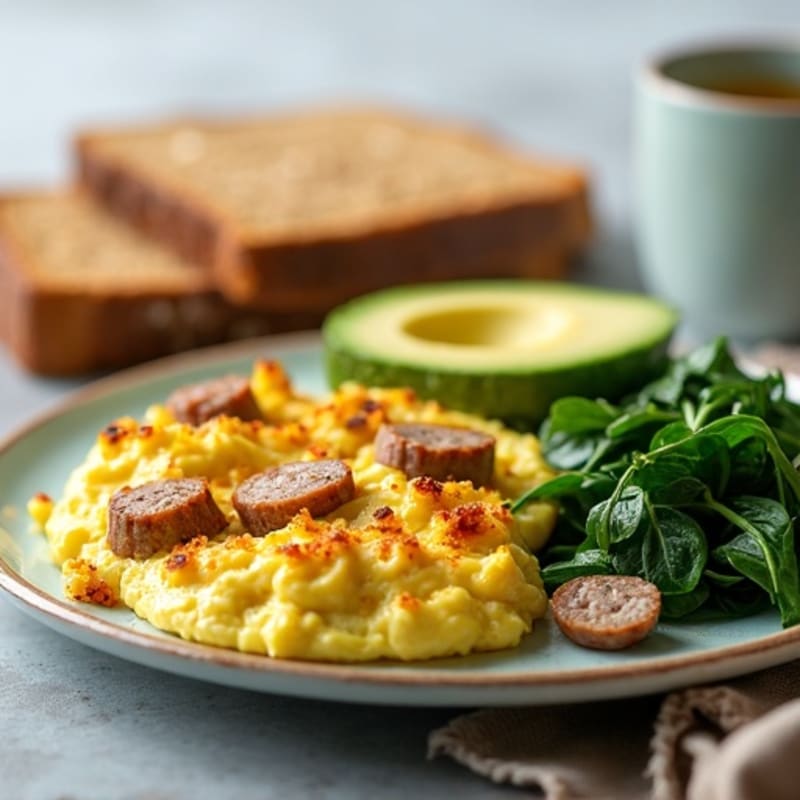 Egg White and Turkey Sausage Scramble with Sautéed Spinach