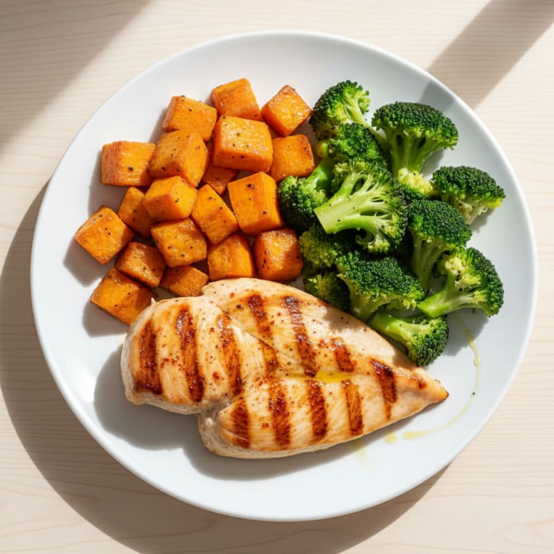 Grilled Chicken Breast with Roasted Sweet Potato and Steamed Broccoli