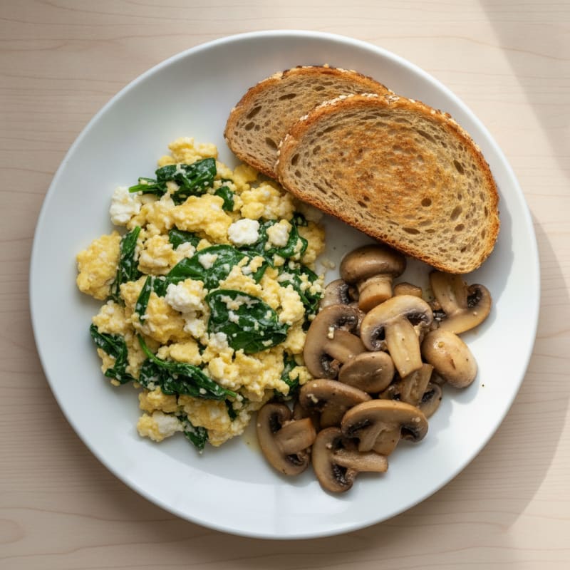 Cottage Cheese Scramble with Spinach and Sautéed Mushrooms