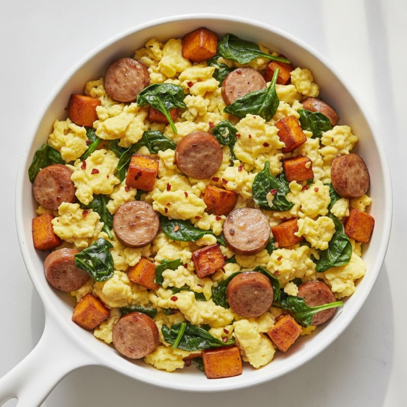 Scrambled Egg and Chicken Sausage Skillet with Spinach and Sweet Potato
