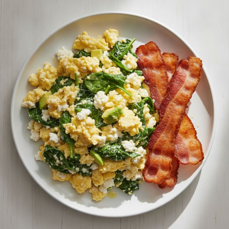 Cottage Cheese Egg Scramble with Spinach and Turkey Bacon