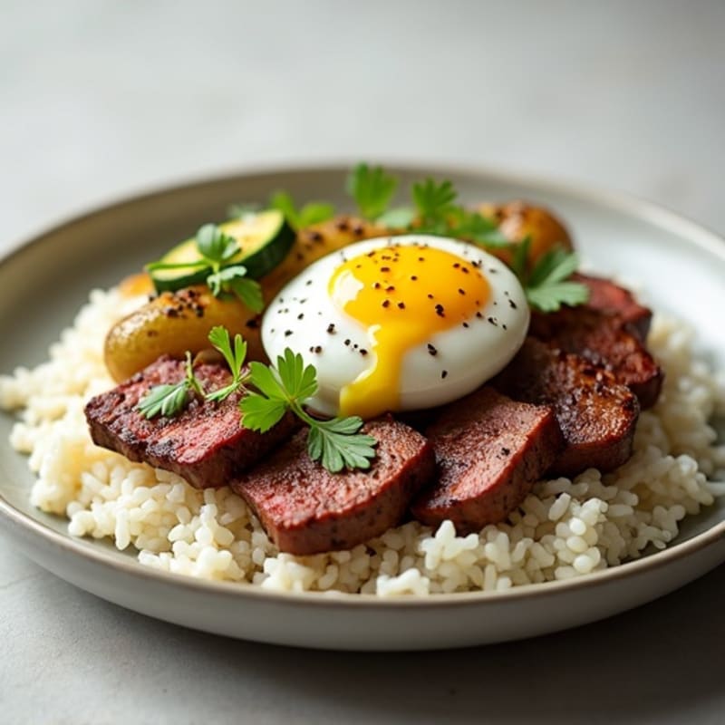 Seared Beef Strips with Roasted Onions and White Rice