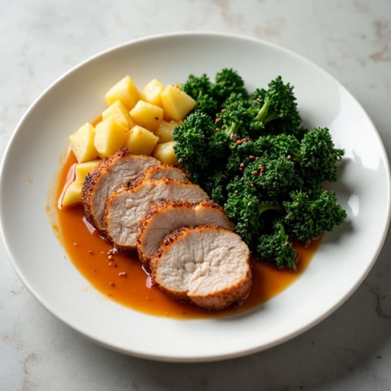Spiced Pork Loin with Roasted Potatoes and Garlic Sautéed Kale