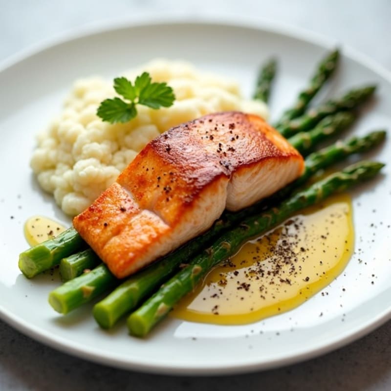 Seared Salmon with Steamed Asparagus and Mashed Cauliflower