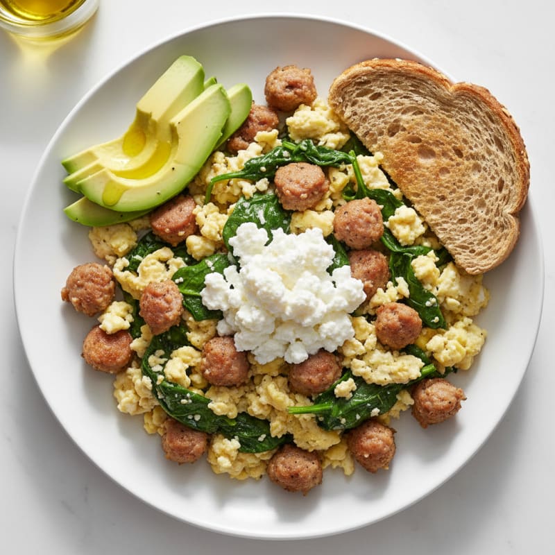 Egg White and Turkey Sausage Scramble with Cottage Cheese and Spinach