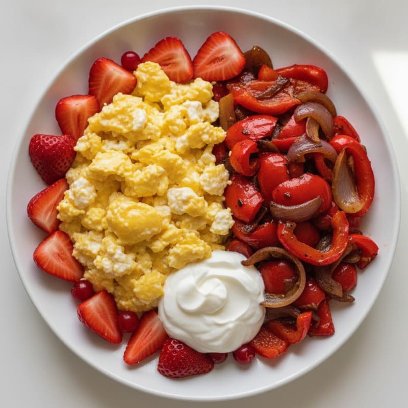 Cottage Cheese Egg Scramble with Roasted Veggies and Fresh Berries