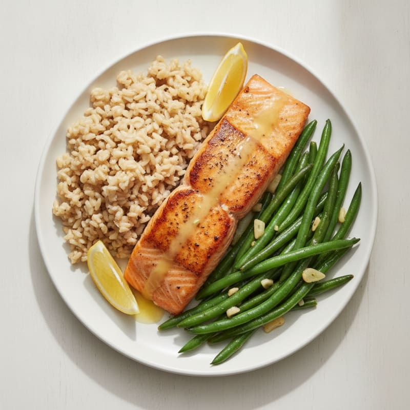 Seared Salmon with Garlic Green Beans and Brown Rice