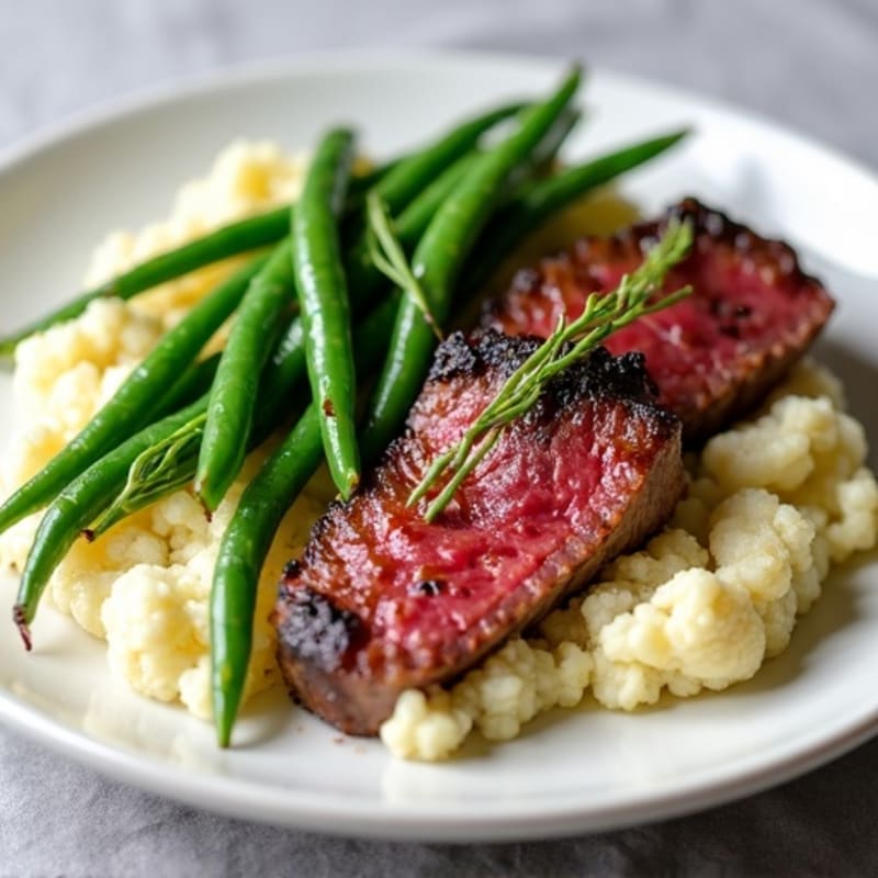 Seared Lean Beef Strips with Steamed Green Beans and Garlic Mashed Cauliflower
