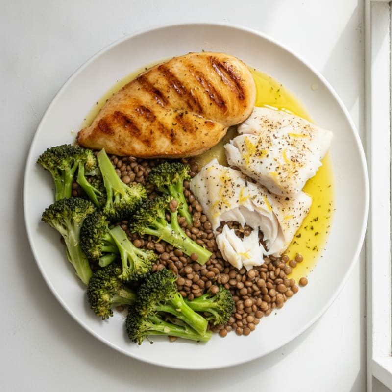 Grilled Chicken with Roasted Fish and Steamed Broccoli