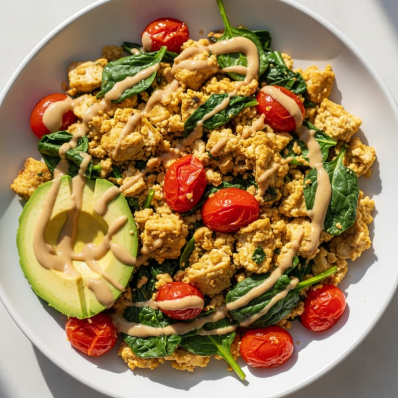 Creamy Tofu Scramble with Spinach and Cherry Tomatoes