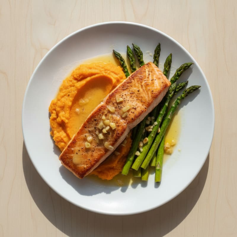 Seared Salmon Fillet with Roasted Asparagus and Sweet Potato Mash