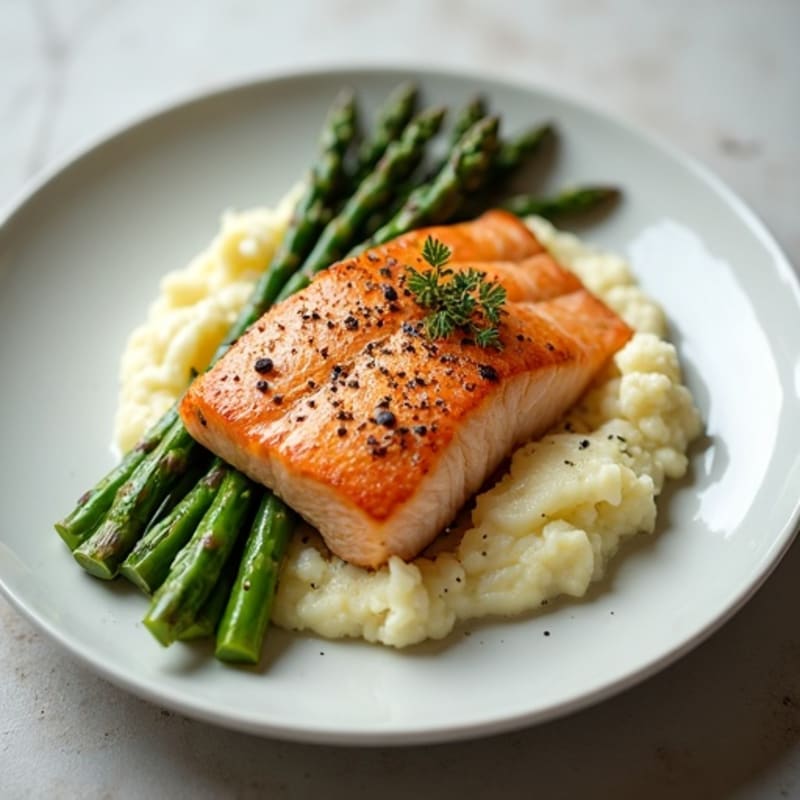 Seared Salmon Fillet with Steamed Asparagus and Cauliflower Mash