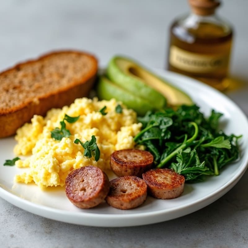 Egg White and Turkey Sausage Scramble with Sautéed Spinach