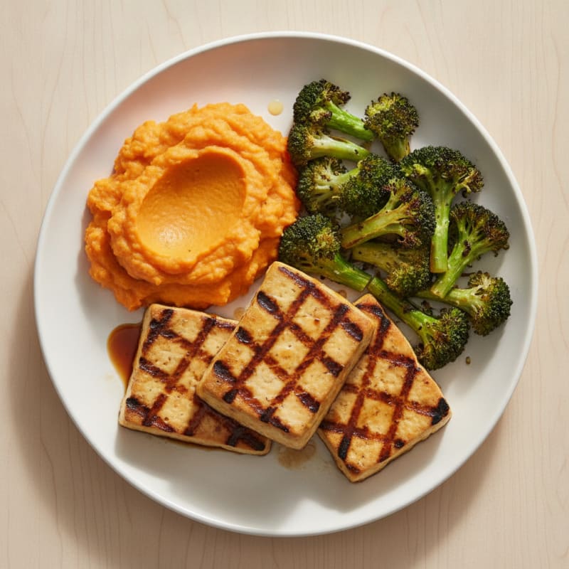 Grilled Tofu Steaks with Roasted Broccoli and Sweet Potato Mash