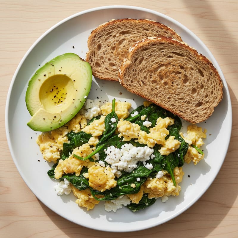 Scrambled Eggs with Cottage Cheese and Sautéed Spinach