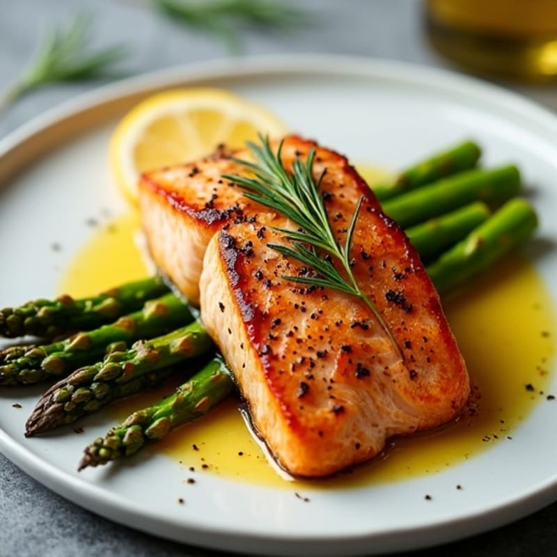 Crispy Pan-Seared Salmon with Roasted Asparagus and Lemon