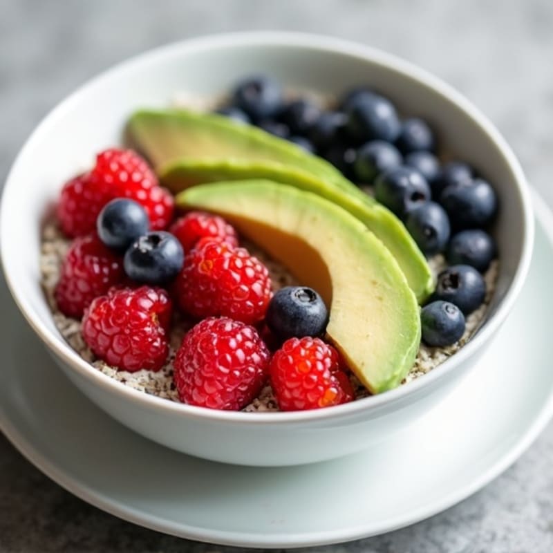 Creamy Cottage Cheese and Chia Pudding Bowl with Fresh Berries and Sliced Avocado