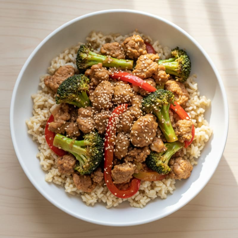 Impossible Meat and Veggie Stir Fry with Brown Rice