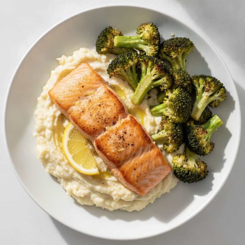 Seared Salmon with Roasted Broccoli and Garlic Mash