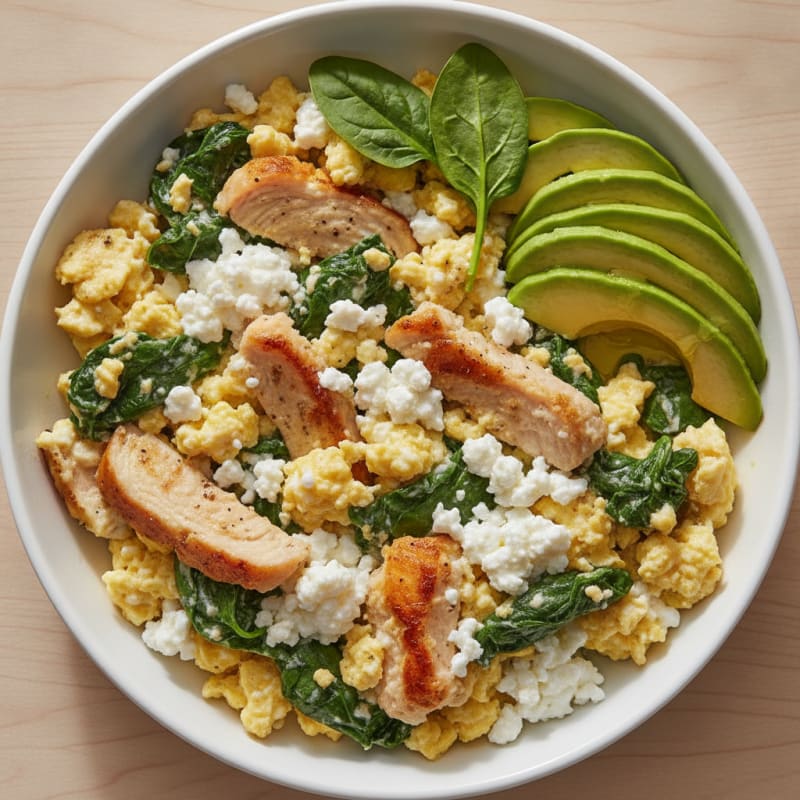 Cottage Cheese Egg Scramble with Spinach and Roasted Turkey