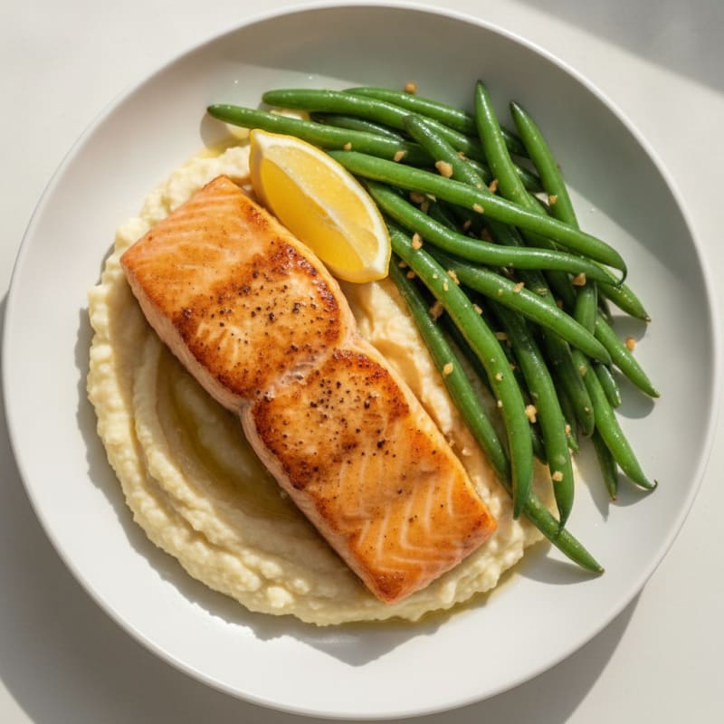 Seared Salmon with Garlic Green Beans and Cauliflower Mash