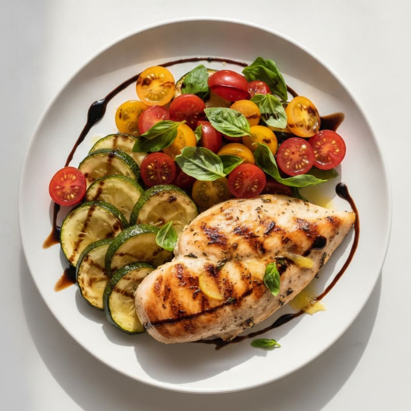 Grilled Chicken Breast with Roasted Zucchini and Tomato Salad